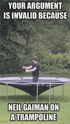 Neil Gaiman jumping on a trampoline